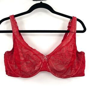 CACIQUE All Over Unlined Full Coverage Modern Lace Bra 44D Red Valentine's Day
